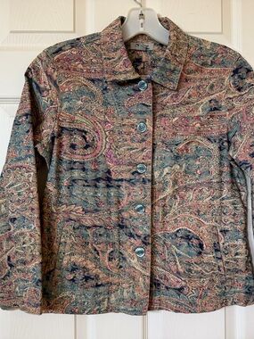 J Bee Paisley Button-Front Jean Jacket in Navy and Pink